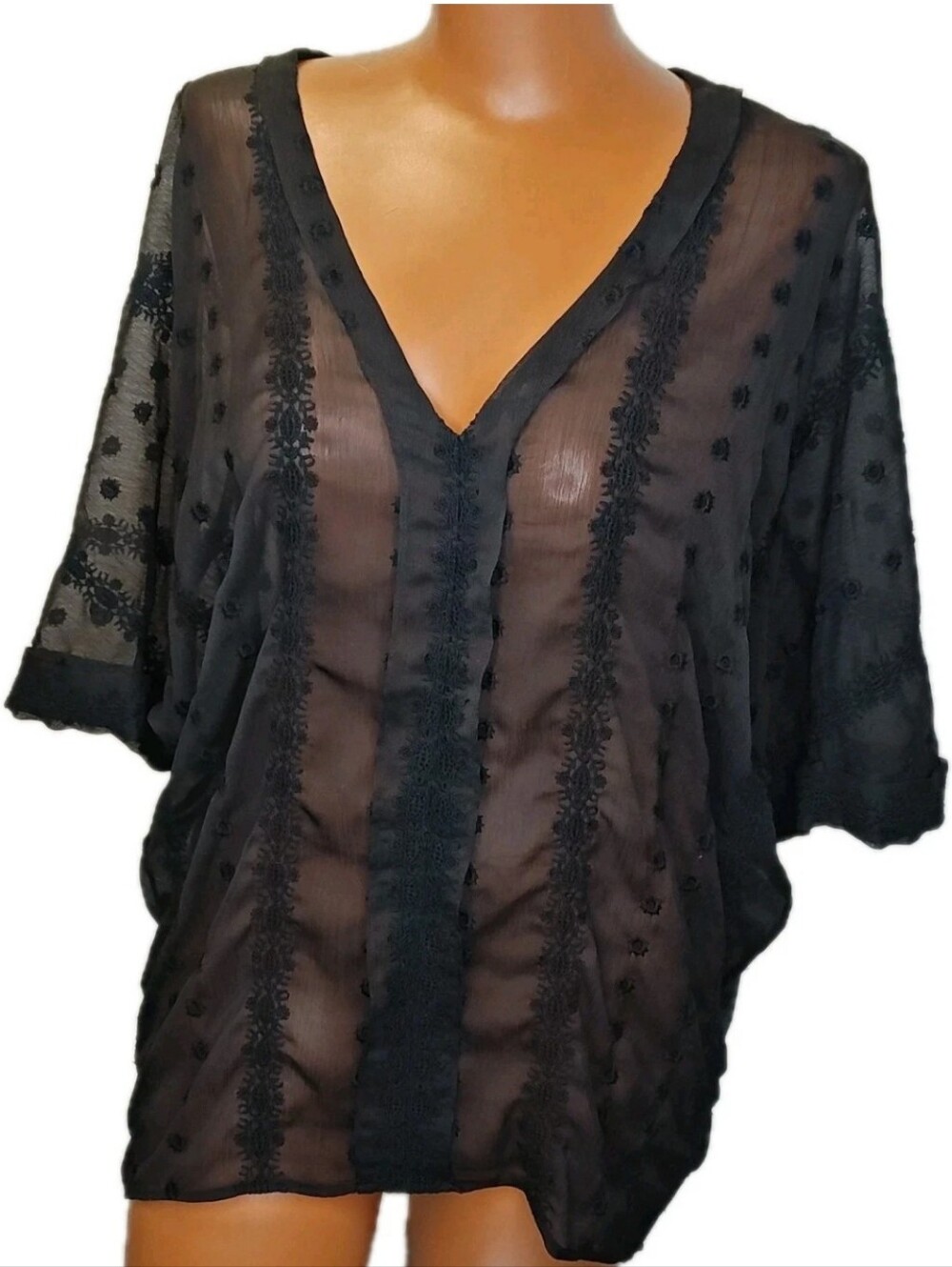 Philosophy Sheer Embroidered Dolman Top Woman Med Black V-Neck Cover-up Topper
